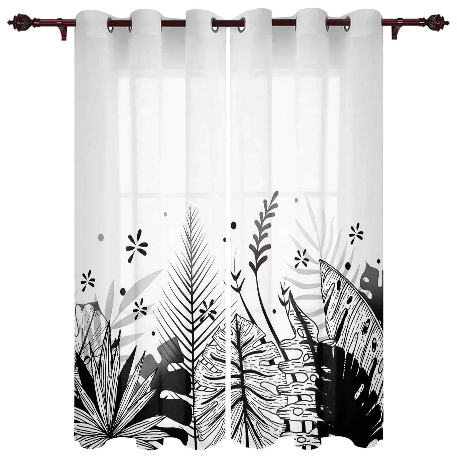 Abstract Leaves Plant Black And White Window Curtains for Living Room ...