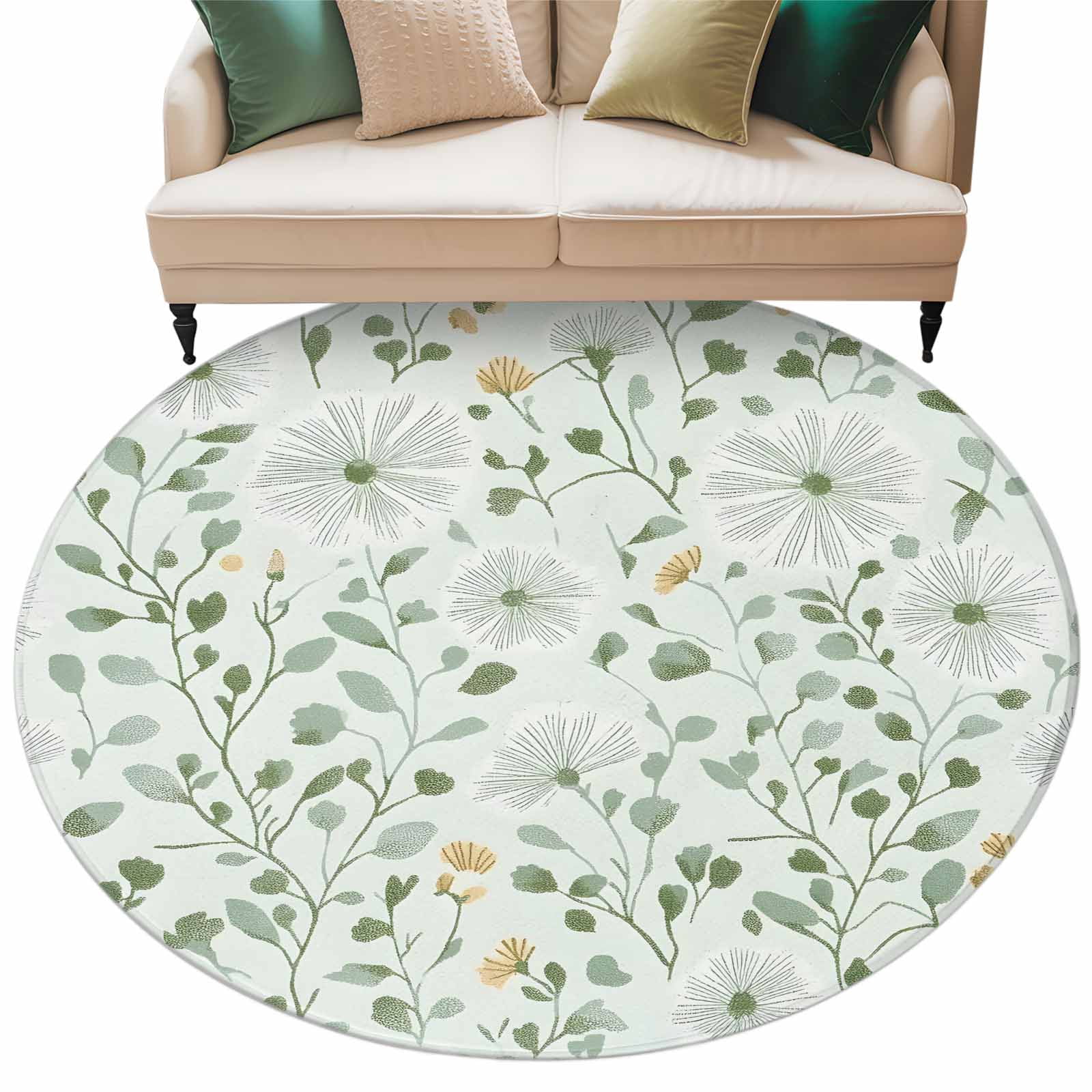 Abstract Leaves Round Area Rug 5ft Green Floral Plant Watercolor Non ...
