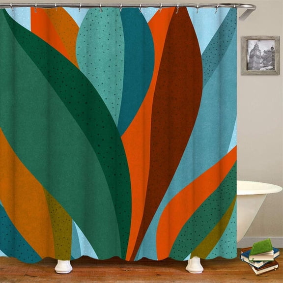 Abstract Leaves Shower Curtain Cloth Tropical Palm Leaf with Dots Print Bath Curtain Green Orange Bathroom Decor with Hooks 36"W x 72"L (Pack of 1)