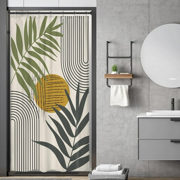 Abstract Leaves Shower Curtain Mid Century Boho Sun Geometric Vintage Plant Minimalist Curve 36Wx72H Inch Aesthetic Fabric Decor Bathroom Polyester Waterproof 7 Pack Hooks