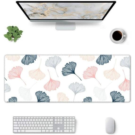 Abstract Leaves White -Mouse Pad, Big Desk Mat, Extended Gaming Mouse Pad, Mouse Mat with Non-Slip Rubber Base & Stitched, 31.5 X 11.8 in Large Desk Pad for Keyboard, Mouse, Home and Office