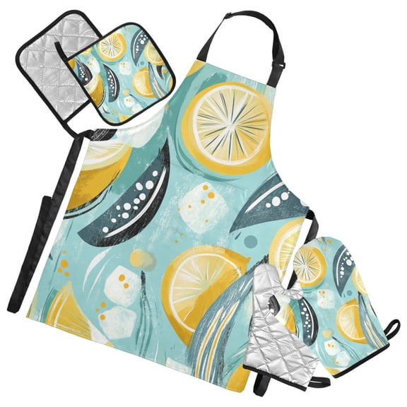 Abstract Lemon Design Oven Mitts and Pot Holders with Chef Apron Set 5 Pcs Kitchen Cooking Set