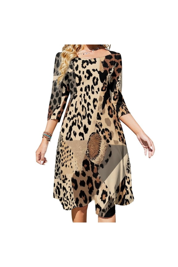 Abstract Leopard Print Collage Pattern Women's Fall Dresses Casual Loose Flowy Swing Shift Dress