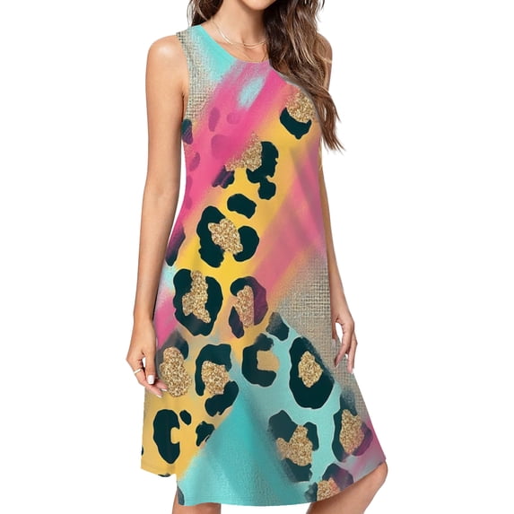 Abstract Leopard Print Colorful Art Casual Sleeveless Loose Sundress Dress For Women Summer Dress Daily Woman