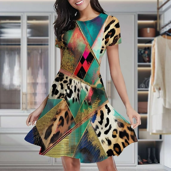 Abstract Leopard Print Geometric Art Women's Classic Swing Skater Dress Casual Work Party Cocktail Dresses