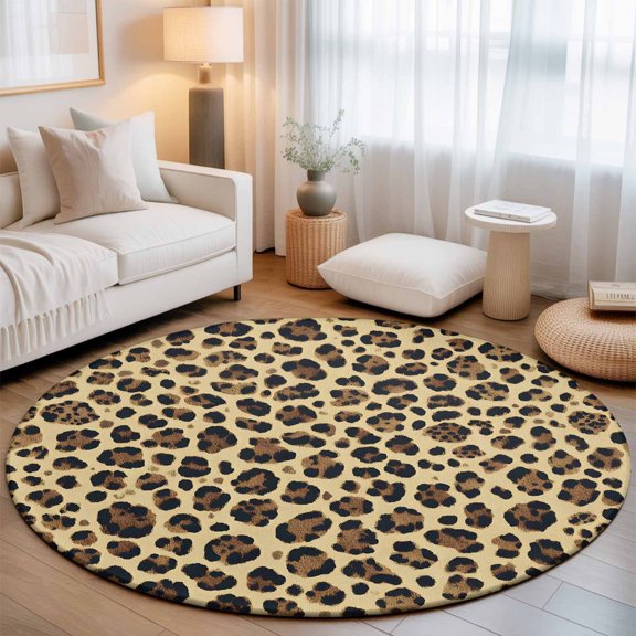 Abstract Leopard Print Pattern Round Rug 5ft Farm Animal Print Texture Washable Area Rugs for Living Room Bedroom Entryway Non Slip Entrance Door Mat Indoor Floor Carpet