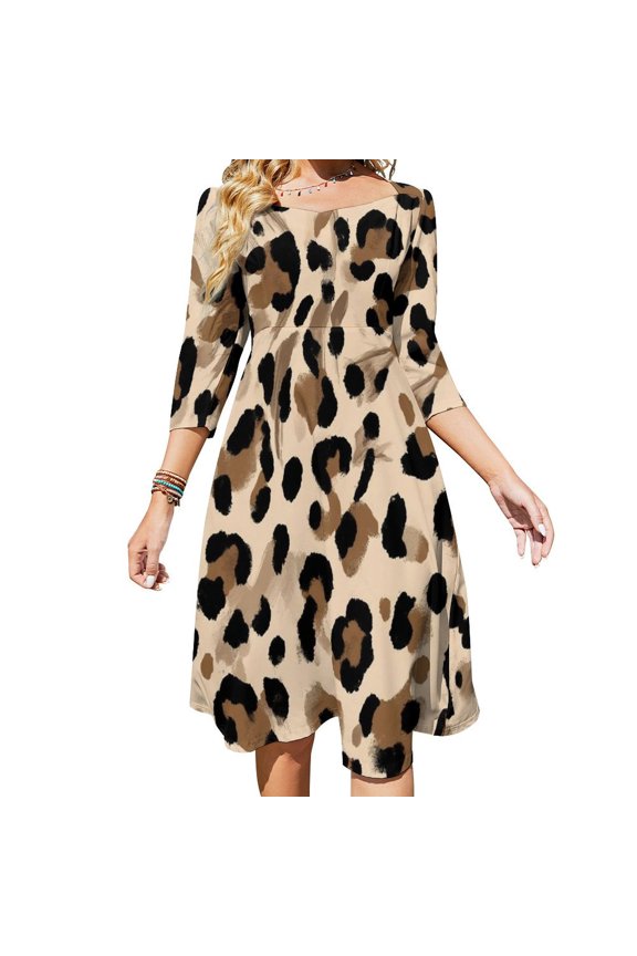 Abstract Leopard Print Pattern Women's 3/4 Sleeve Dresses Elegant A-Line Midi Dress Flare Summer Casual Sundress