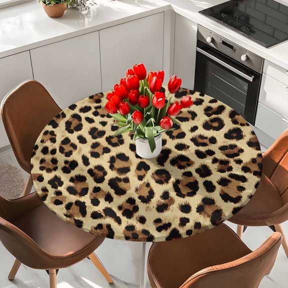 Abstract Leopard Print Round Fitted Tablecloth with Elastic Edge,Waterproof Table Cloth Fits Tables Up to 36"-44",Wipeable Washable Table Cover for Indoor Outdoor Dinning Party,Brown Animal Spots