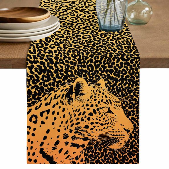 Abstract Leopard Print Table Runner 36 Inches Long,Vintage Ethnic Wild Animals Orange Cotton Linen Table Runners Dresser Scarves,Fabric Tabletop Scarf Furniture Cover for Home Dinner Party 13"x36"