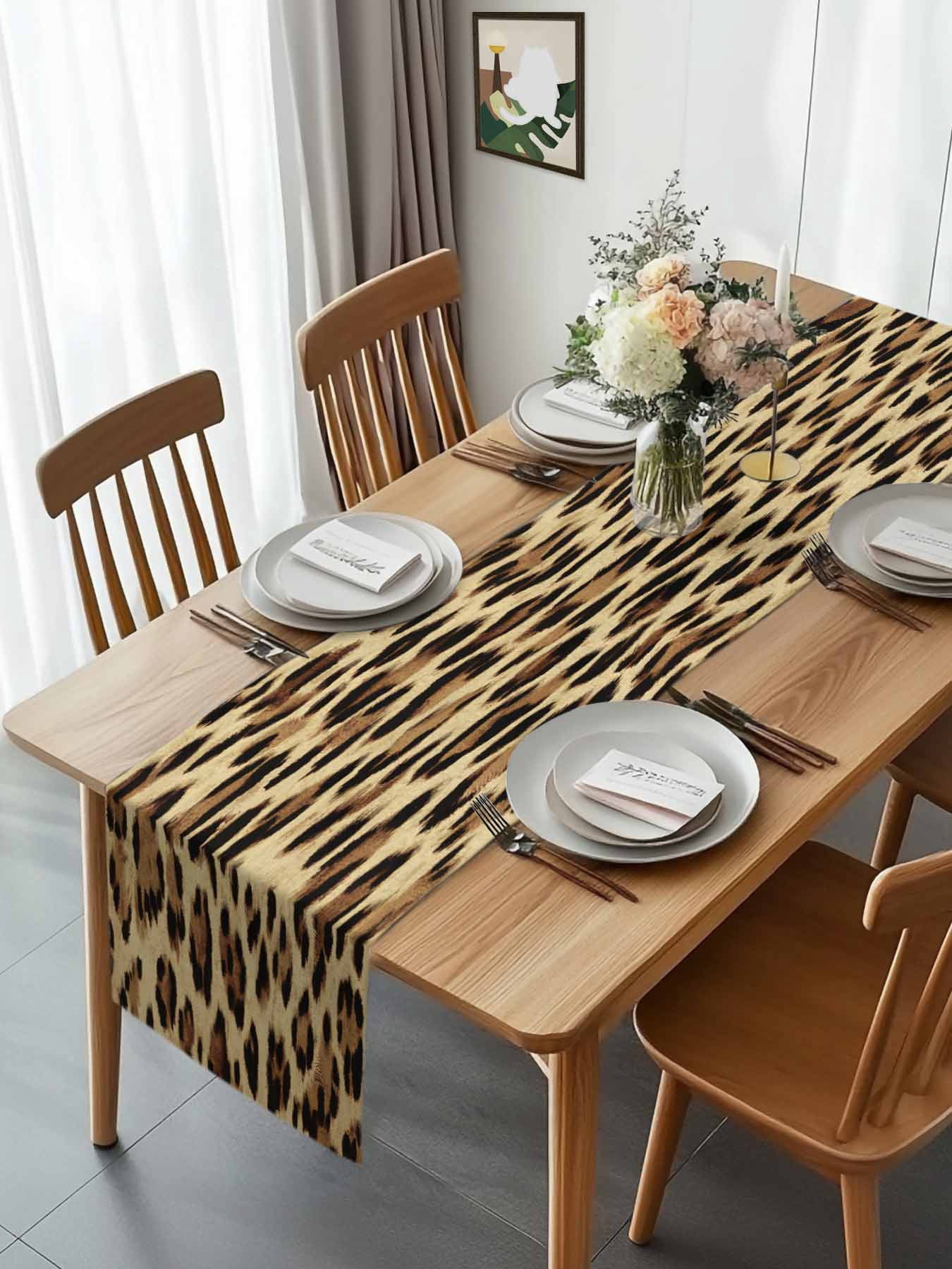 Abstract Leopard Print Table Runner 90 Inches Long, Brown Animal Spots Table Runners Tabletop Scarf Kitchen Dining Tables Decoration for Home Party Indoor Outdoor