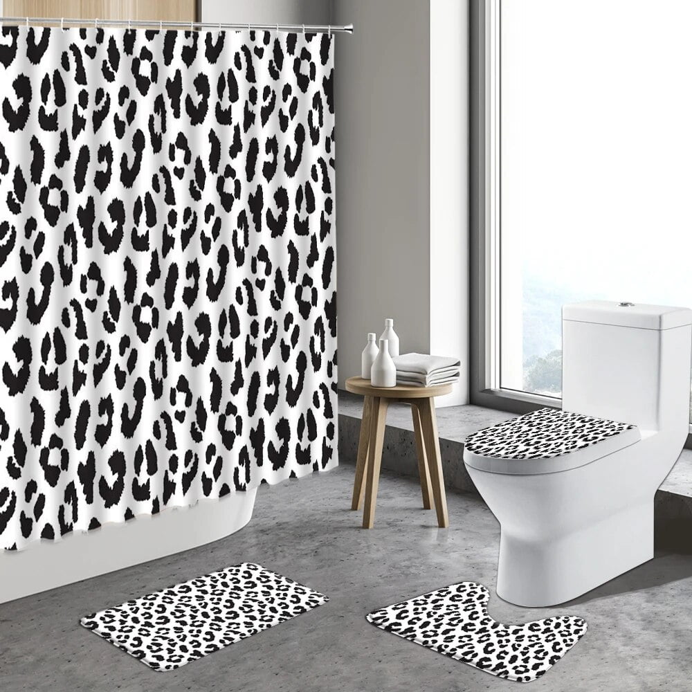 Abstract Leopard Shower Curtain Set Bath Mat Black And White Striped