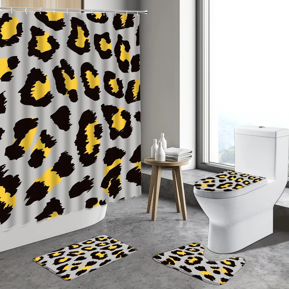 Abstract Leopard Shower Curtain Set Bath Mat Black And White Striped