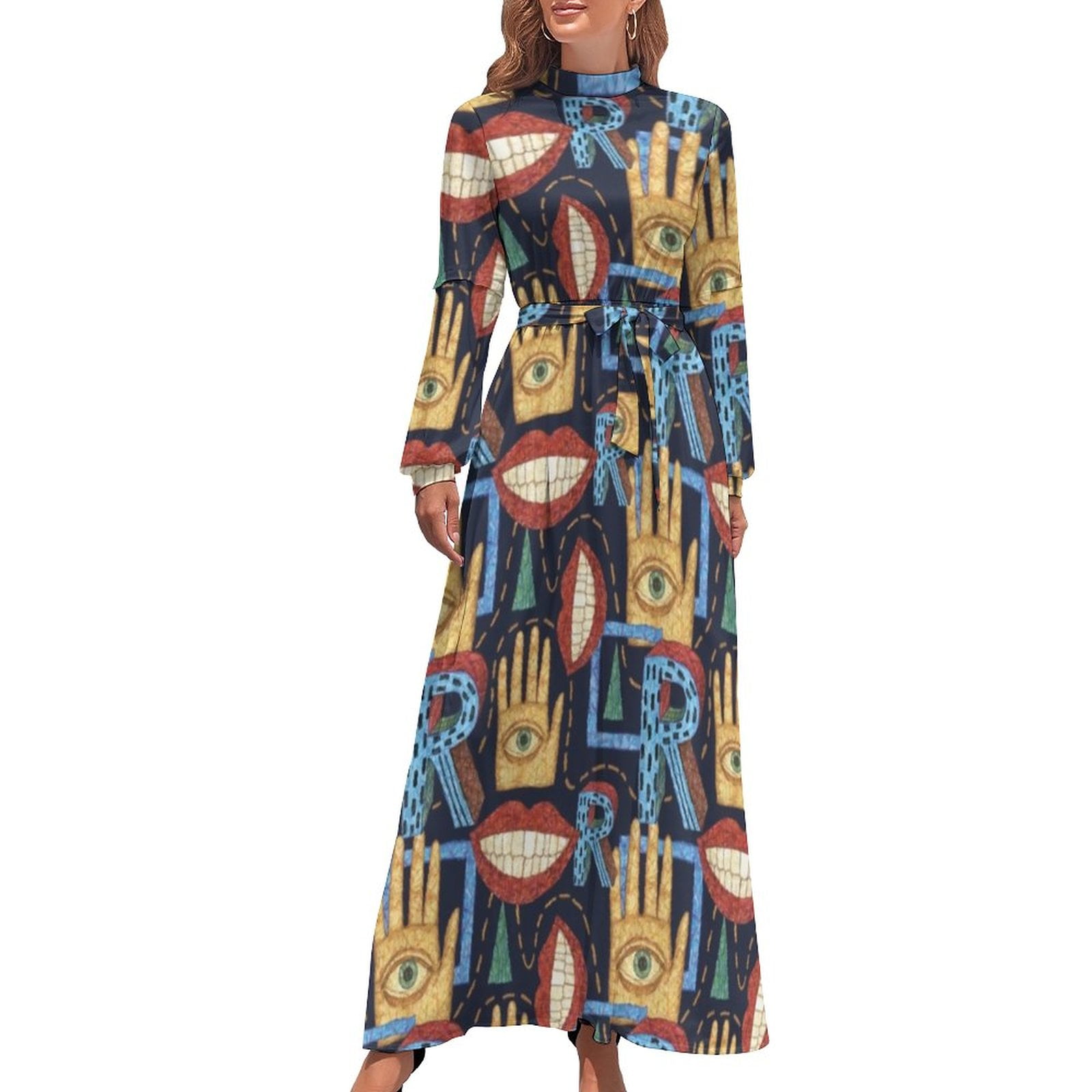 Abstract Letters Dress Long Sleeve Street Art PrintMaxi Dress Abstract Letters Dress Long Sleeve Street Art PrintMaxi Dress