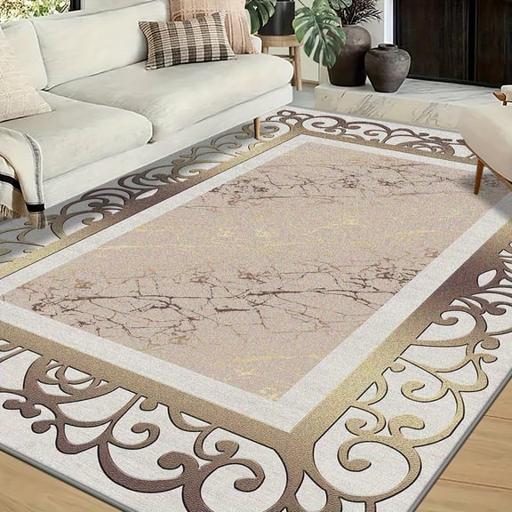 Abstract Light Gold Marble Area Rugs - Modern Gold Frame Pattern Soft Rugs for Bedroom, Easy Clean Home Decor Low Pile Carpet, Modern Area Rug for Living Room,Kids Room,Bedroom,Office 2x3ft