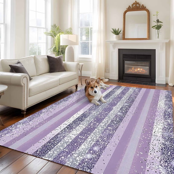 Abstract Light Purple Stripe 5x8 Rug for Bedroom Under Queen Bed Placement, White Sequins Celebration Washable Non Slip Large Rectangle Area Rug