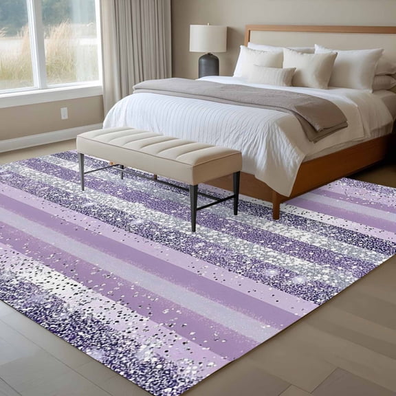 Abstract Light Purple Stripe 6x9 Rug for Dining Room Table and Chair Setup, White Sequins Celebration Low Pile Washable Non Slip Rectangle Area Rug