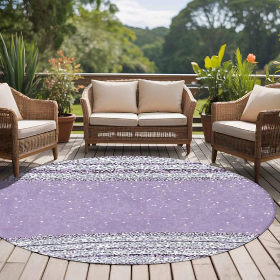 Abstract Light Purple Stripe 8ft Round Rug for Open Concept Living Room Seating Zone, Sequins Square Celebration Washable Non Slip Large Circle Area Rug
