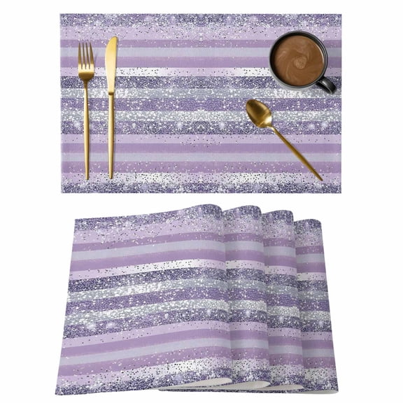 Abstract Light Purple Stripe Cotton Linen Placemats Set of 12, White Sequins Celebration Washable Table Place Mats Heat Insulating Placemat for Dining Room Kitchen Daily Use 13 x 19 Inch
