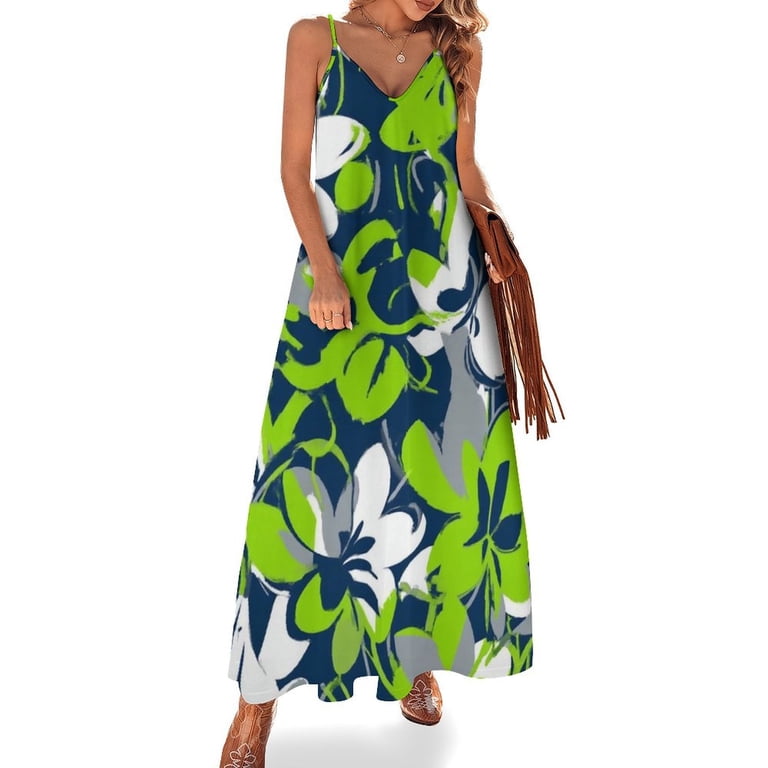 Abstract Lime Green Floral Design Sleeveless Dress Loose Women's Dress Dresses Luxury Evening Dresses