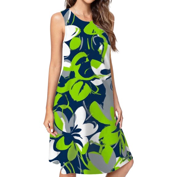 Abstract Lime Green Floral Design Spring Summer Dresses For Women Fashion Dress Casual Sleeveless Loose Sundress With Pockets