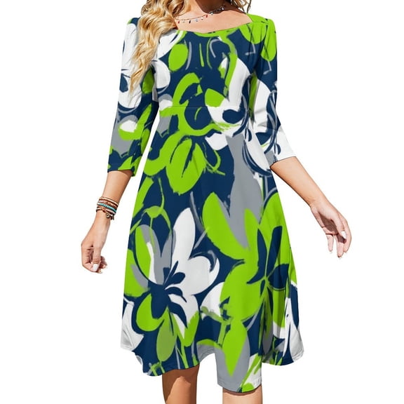 Abstract Lime Green Floral Design Women's 3/4 Sleeve Dresses Elegant A-Line Midi Dress Flare Summer Casual Sundress