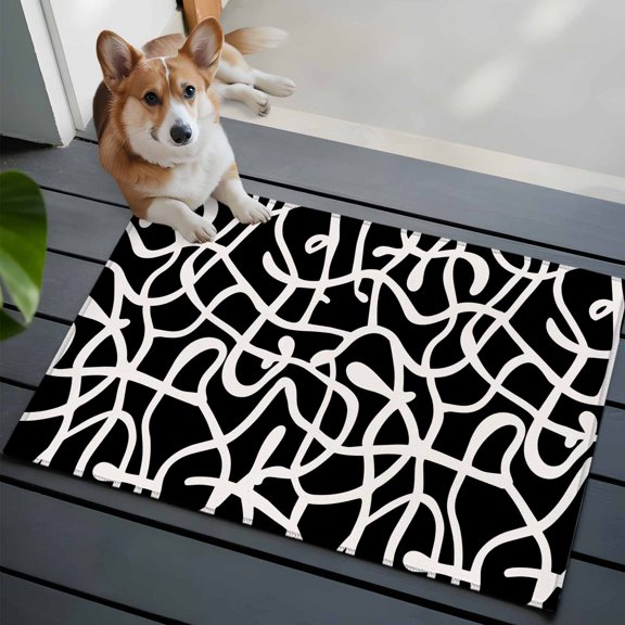 Abstract Line 2x3 Area Rugs for Living Room, Retro White Wave Line Art Black Minimalist Non Slip Floor Mat Washable Low-Profile Indoor Carpet for Bedroom, Dining Room, Bathroom