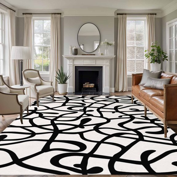 Abstract Line 5x7 Area Rugs for Living Room, Retro Black Wave Line Art White Minimalist Non Slip Floor Mat Washable Low-Profile Indoor Carpet for Bedroom, Dining Room, Bathroom