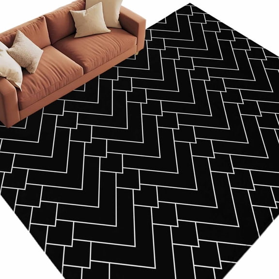 Abstract Line Area Rug 5x7ft Herringbone Black White Modern Simple Non-Slip Washable Square Rugs Soft Felt Indoor Floor Mat for Bedroom Kitchen Living Room Bathroom