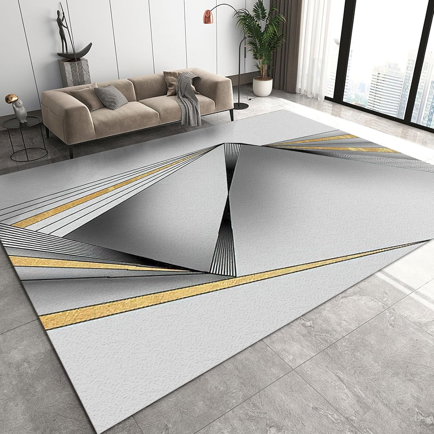 Three Dimension Design Rugs Abstract Line Art Area Rugs, 3D Three-Dimensional Simple Gray Geometry ...