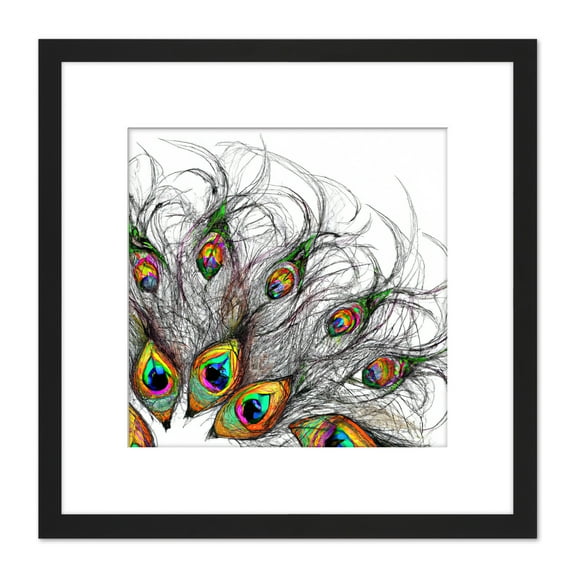 Abstract Line Art Peacock Feather Pen Ink Drawing Square Wooden Framed Wall Art Print Picture 8X8 Inch