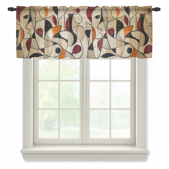 Abstract Line Art Sheer Valances for Windows, Vintage Minimalist Tan Orange Black Color Block Semi Sheer Kitchen Valance Rod Pocket Small Voile Window Curtains for Living Room Bedroom 42 x 12 Inch