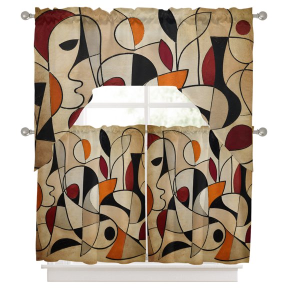 Abstract Line Art Swag and Tier Curtains Set, Vintage Minimalist Tan Orange Black Color Block Kitchen Valances with Tier Curtains 36 in Long, Light Filtering Curtains for Sink Laundry Bathroom