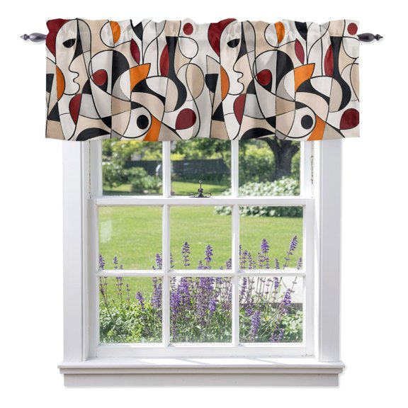 Abstract Line Art Valances for Windows Modern Minimalist Tan Orange Black Color Block Rod Pocket Light Filtering Short Window Treatments Curtains for Kitchen Bathroom Bedroom, 1 Panel, 56 x 16 Inch