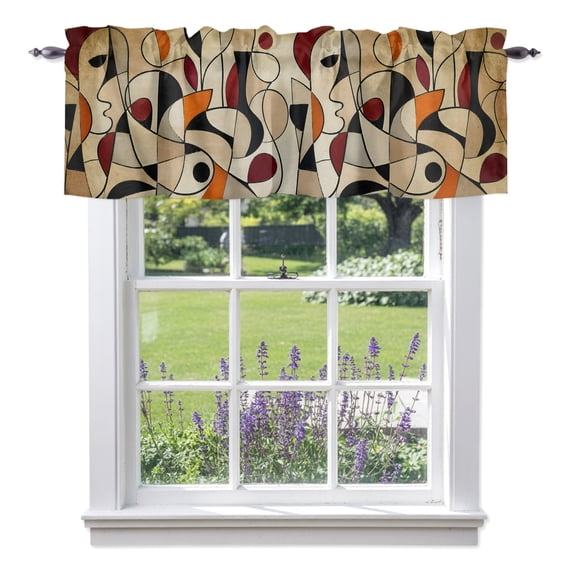 Abstract Line Art Valances for Windows, Vintage Minimalist Tan Orange Black Color Block Valance Window Treatment Rod Pocket Short Curtains Valances for Kitchen Bathroom 42"W x 12"L