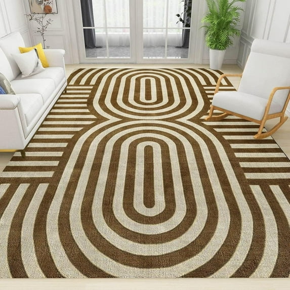 Abstract Line Brown Geometric Area Rugs, Irregular Linear Geometry Home Decor Non-Slip Rugs for Living Room Bedroom Dining Room Home Farmhouse Floor 3x5ft