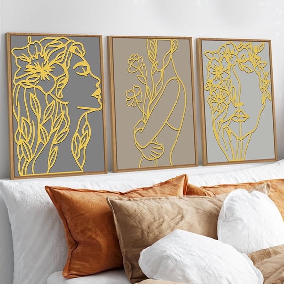 TOARTi Abstract Line Face Wood Wall Art Minimalist Female Flower Framed 3D Golden Sculpture Set of 3 For Living Room Bedroom Office 12x16 Inch