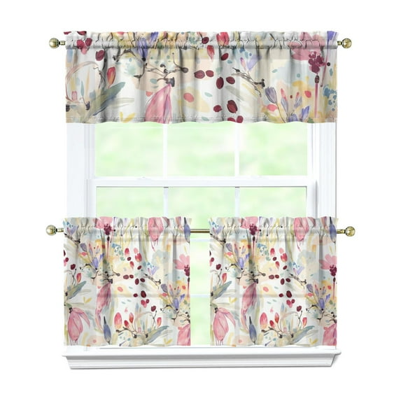 Abstract Line Flower Powder Kitchen Curtains and Valances Set-3 Piece Kitchen Curtains Sets with Valance for Windows Rod Pocket Machine Washable Kitchen Decor(54"x18"+2x27.5"x24")