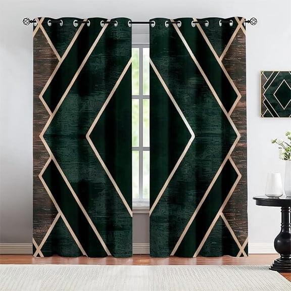 Abstract Line Geometry Curtains For Bedroom, Retro Emerald Green Background Darkening Window Curtain, Light Filtering Privacy Drapes Suitable For Living Room Dorm Room 26"W x 63"L (Pack of 2)