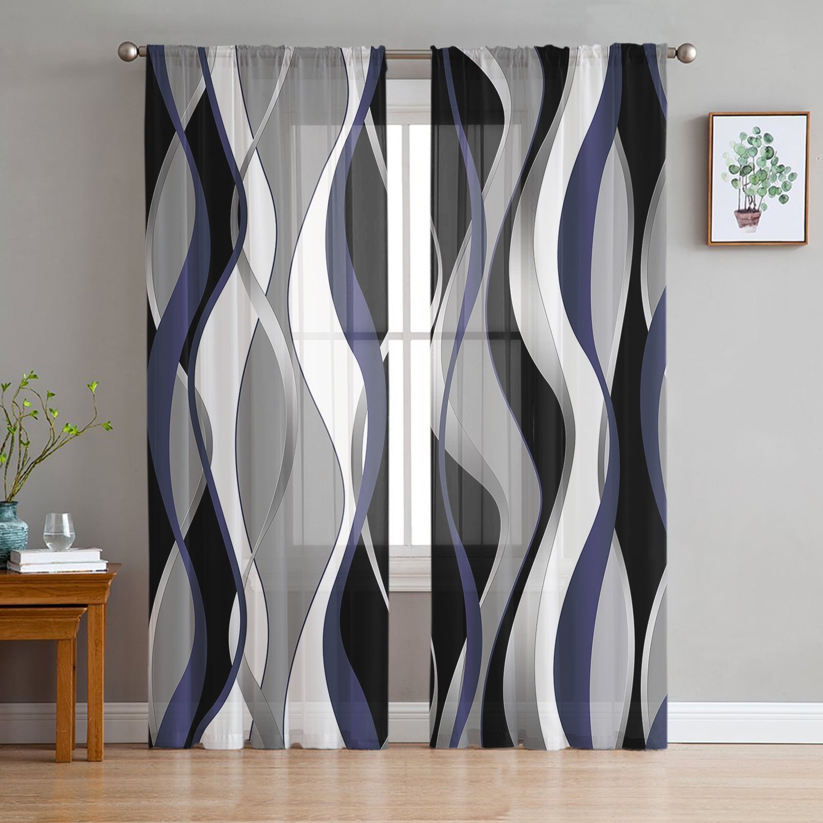 Abstract Line Gradient Navy Blue Sheer Curtains for Living Room ration