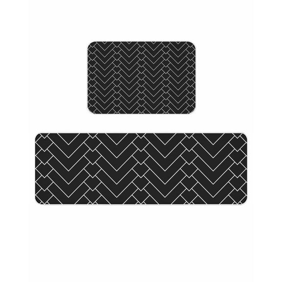 Abstract Line Kitchen Mats for Floor 2 Piece, Herringbone Black White Modern Simple Absorbent Non-Slip Kitchen Rugs Comfort Standing Mat for Laundry, Hallways 20"x24"+20"x48"
