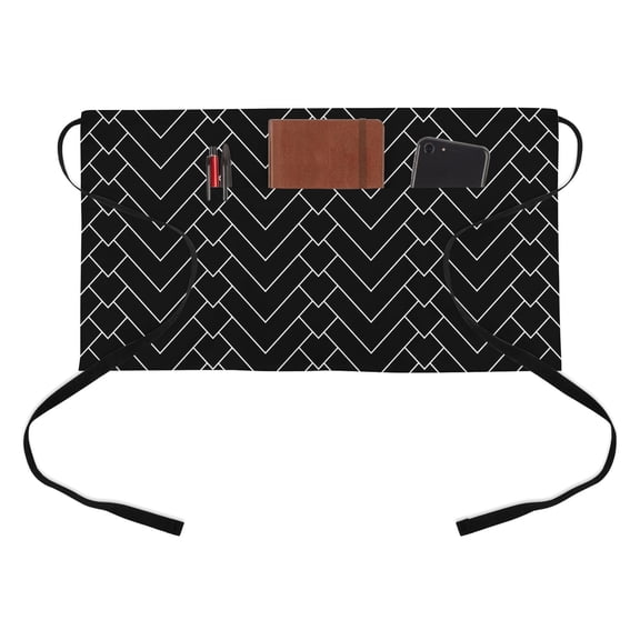 Abstract Line Kitchen Restaurant Half Waist Apron, Herringbone Black White Modern Simple Server Short Apron with 3 Pockets Waterproof Oil Waist Aprons for Women Waitress Waiter