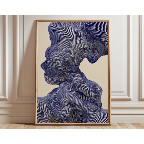 Abstract Line Modern Blue Wave Minimalist Optical Illusion Contemporary Geometric Wall Art Print, Unframed Paper Poster 8x10in