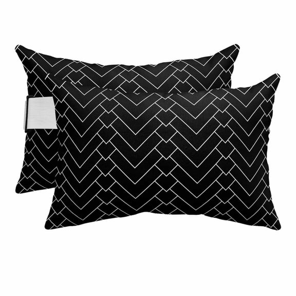 Abstract Line Outdoor Chaise Lounge Pillows Herringbone Black White Modern Simple Lumbar Pillows with Insert Adjustable Elastic Strap Headrest Pillow for Recliner Patio Chair 2 Pack 12x20 Inch