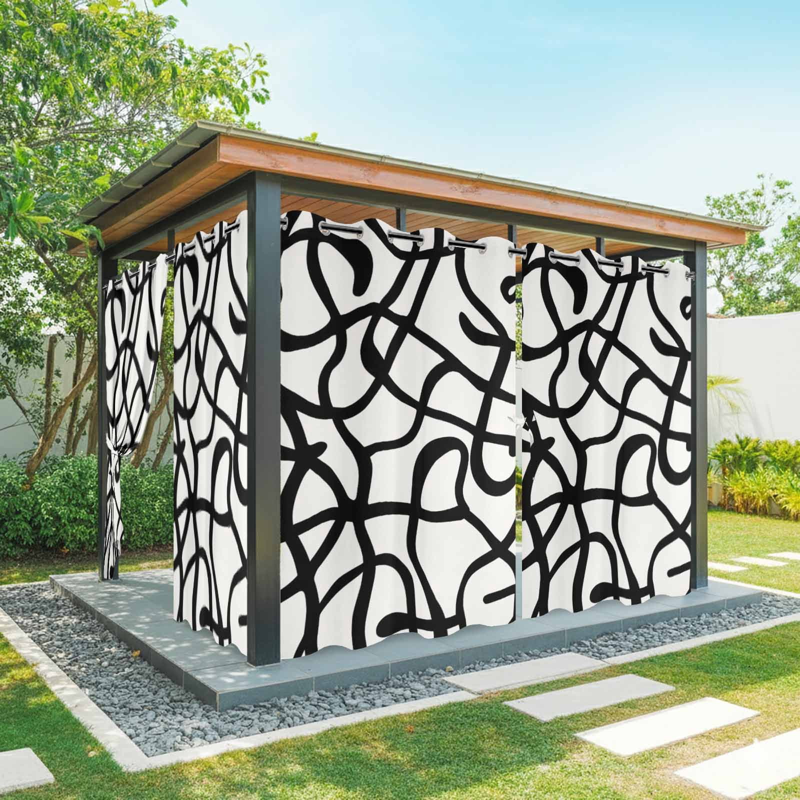 Abstract Line Outdoor Curtains for Patio, Retro Black Wave Line Art White Minimalist Sunshade Privacy Drapes Grommet Waterproof Outside Curtains for Porch/Cabana/Balcony 54"x 108", 1 Panel