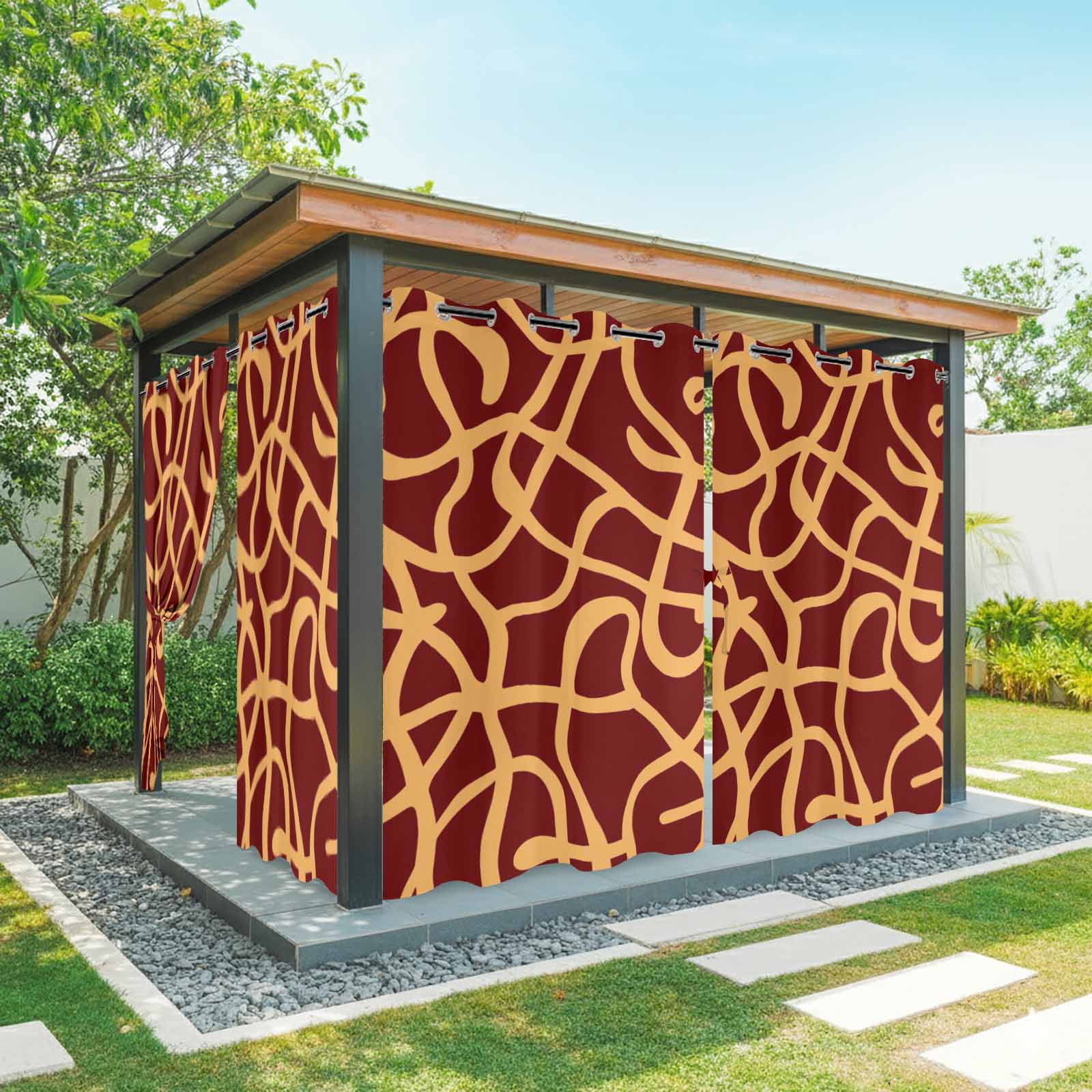 Abstract Line Outdoor Curtains for Patio, Retro Pattern Orange Wave Line Art Red Minimalist Sunshade Privacy Drapes Grommet Waterproof Outside Curtains for Porch/Cabana/Balcony 54"x 108", 1 Panel