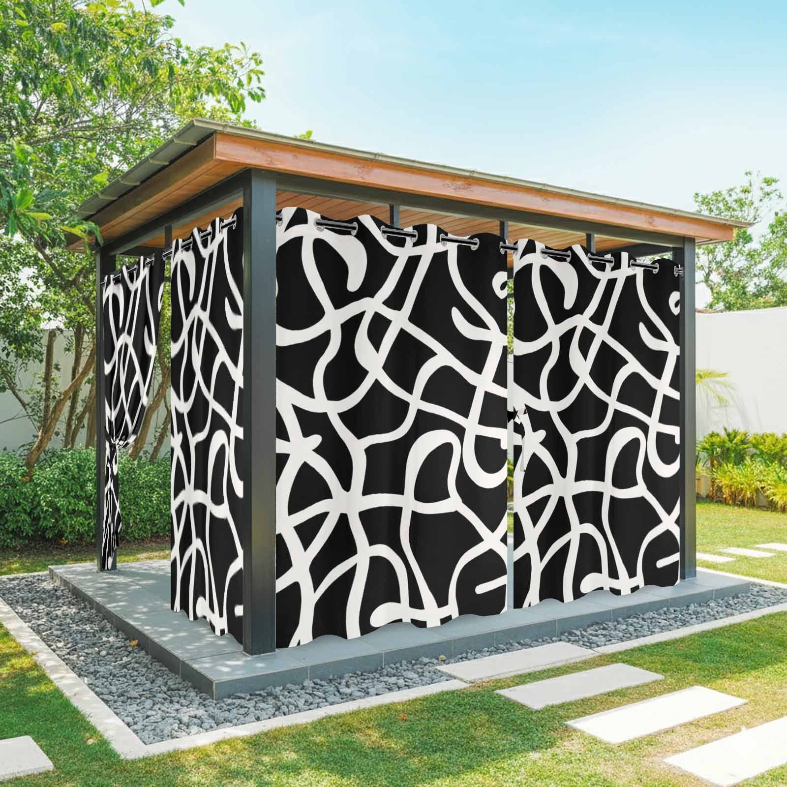 Abstract Line Outdoor Curtains for Patio, Retro White Wave Line Art Black Minimalist Sunshade Privacy Drapes Grommet Waterproof Outside Curtains for Porch/Cabana/Balcony 54"x 108", 1 Panel