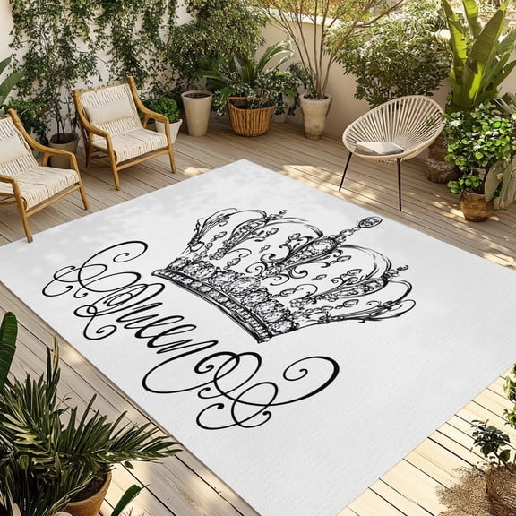 Abstract Line Outdoor Rug, Retro Simple Black Crown Decor Non-Slip Area Rugs Carpet Breathable Large Floor Mat for Outdoors Patio Porch Deck Beach 4’ x 6’