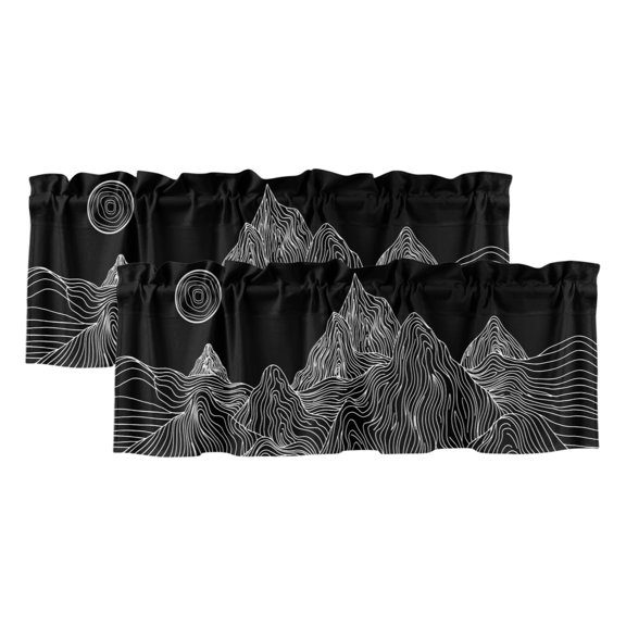 Abstract Line Peaks 2 Panels Kitchen Valance, Modern Geometric Lines Sunset Hills Moutains Black Curtains Valances for Small Windows Rod Pocket Window Treatments for Living Room Bedroom 42" W x 12" L