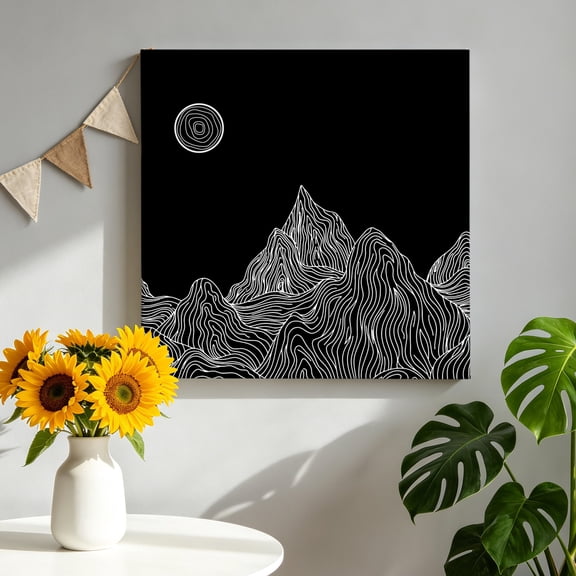 Abstract Line Peaks Canvas Wall Art, Modern Geometric Lines Sunset Hills Moutains Black Pictures Wall Decor Wooden Framed Artwork Art Prints for Living Room Hallway Bedroom Office 8"x8"