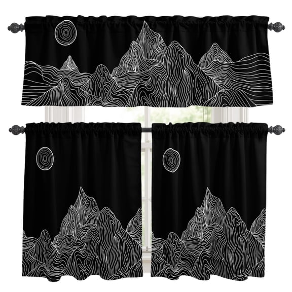 Abstract Line Peaks Kitchen Curtains Set for Windows, Modern Geometric Lines Sunset Hills Moutains Black Curtains Valance and Tier 3 Piece Set Small Drapes 36 Inch Length for Kitchen Bedroom Decor